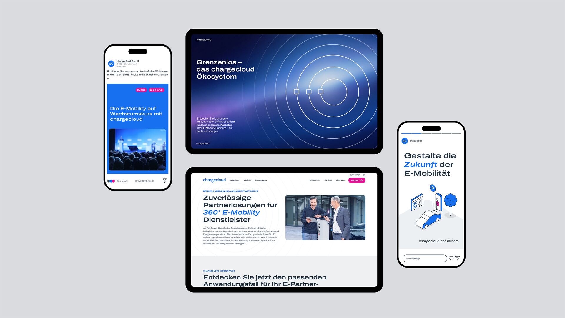 Hochwertige Mockup-Zusammenstellung von Tablets und Smartphones, die das moderne Look-and-Feel von chargecloud visualisiert.